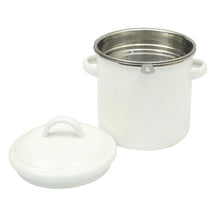 Speckled linen grease strainer pot with perforated insert and matching lid