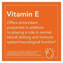 Orange Vitamin E supplement panel with antioxidant properties text and warning disclaimer