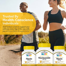 Niacinamide supplement bottles with three sizes and two runners outdoors, health-conscious message.