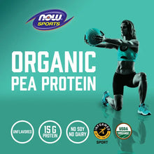 NOW Sports Organic Pea Protein Powder jar label with athlete graphic