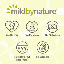 mildbynature icons: cruelty-free, no parabens, no phthalates, pH balanced