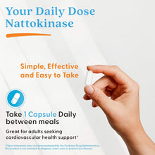 Hand holding a white capsule; nattokinase take one capsule daily directions