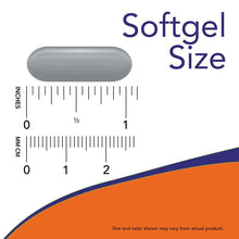 Softgel size chart with measurement scale and gray capsule shape