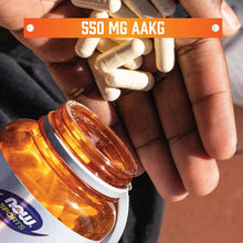 NOW Sports AAKG 2200 supplement bottle with 550 mg AAKG text and capsules