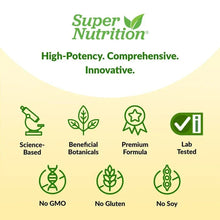 Super Nutrition promotional panel with icons for botanicals, lab tested, no GMO