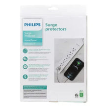 Philips surge protector box back with diagram and outlet layout for 6-outlet models