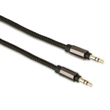 3.5 mm AUX cable with braided black jacket and gold-plated plugs in close-up