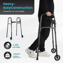 Heavy-duty folding walker with black frame and four wheeled legs