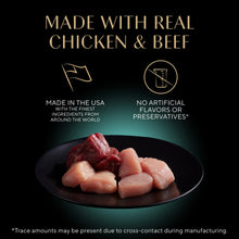 Cat food variety pack label: made with real chicken and beef and no artificial flavors