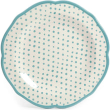 Dinner plate with white surface and teal polka dots, finished with teal scalloped rim