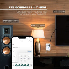 Smart outlet extender with scheduled lamp, two plugs connected, white wall device