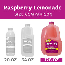 Raspberry lemonade size comparison showing 20 oz, 64 oz, and 128 oz jugs