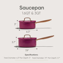 Two purple stainless steel saucepans with lids and wooden side handles