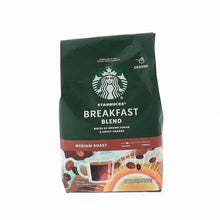 Starbucks Breakfast Blend ground coffee bag, medium roast, green with red band