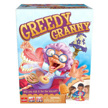 Greedy Granny board game box front view with cartoon granny and umbrella