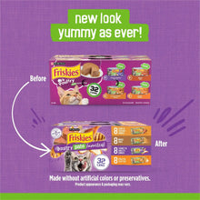 Purina Friskies poultry pâté wet cat food variety pack box, before-and-after panel