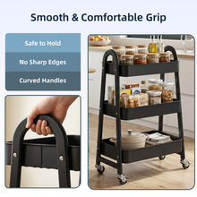 Black 3-tier metal cart with smooth curved handles and open storage shelves