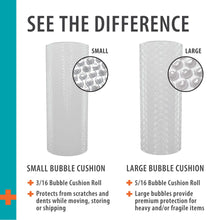 Comparison graphic of small vs large bubble cushion rolls, showing bubble size