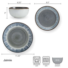 Gray stoneware dinnerware set with round bowls and plates, blue-speckled rim