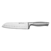 Santoku knife with stainless blade and textured gray handle