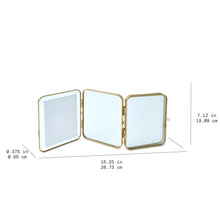Three-panel gold metal folding picture frame with size dimensions labeled in inches