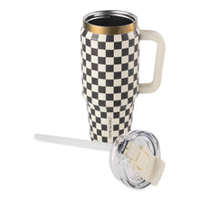 Stainless steel tumbler with handle, cream-and-black check pattern, dual straw with lid