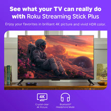 Roku streaming stick displaying a TV scene with 4K label and HDR-related icons