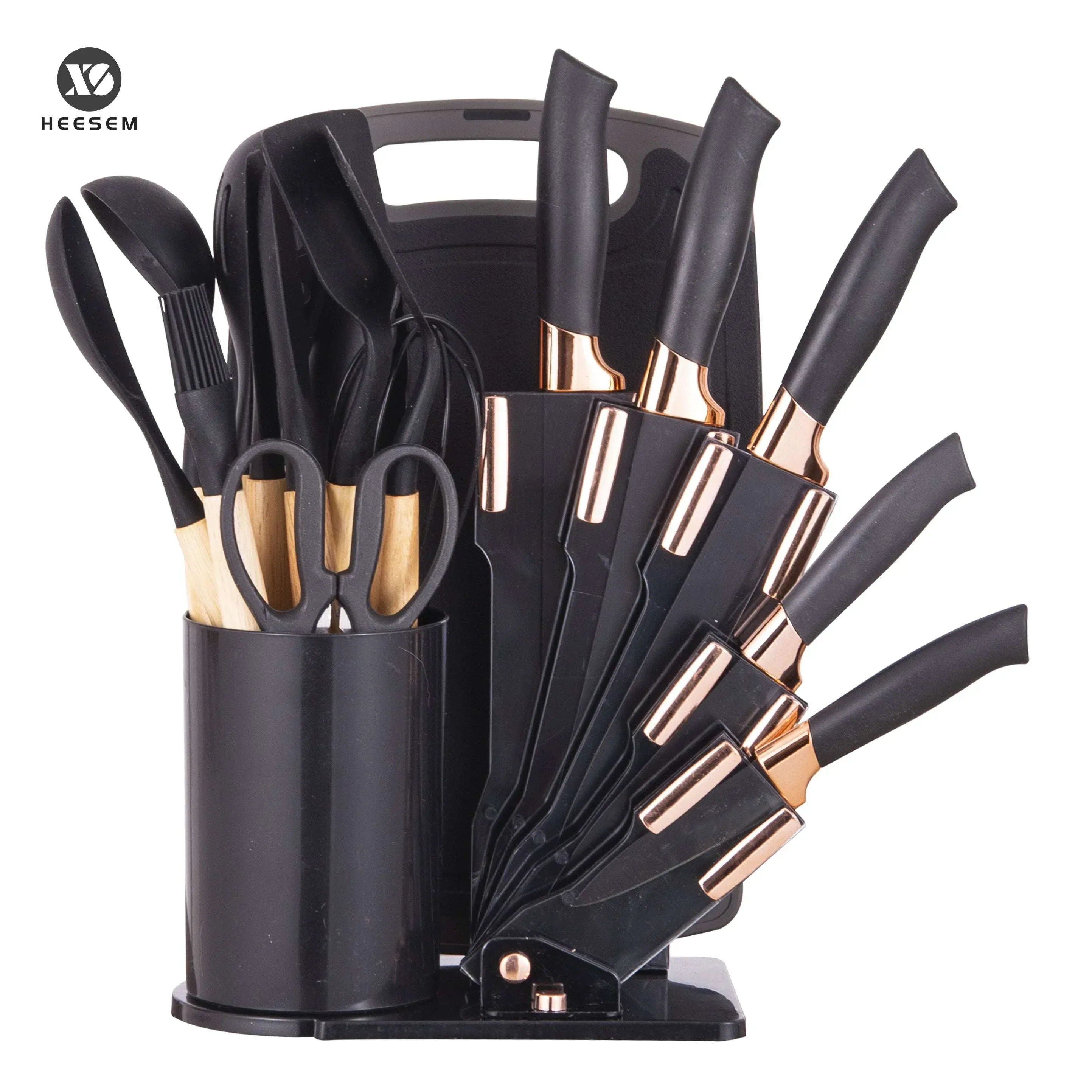 HEESEM 19-Piece Silicone Kitchen Utensil & Knife Set - Heat-Resistant Cooking Tools Non-Stick Safe Gift for Mom or Women Black