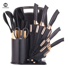 Black silicone kitchen utensil and knife set with storage stand and rose-gold accents