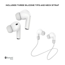 White true wireless earbuds with silicone tips and white neck strap, earbuds shown separated