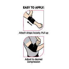 Black adjustable elbow support on arm with straps for custom compression