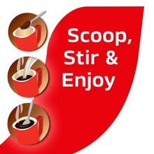 Instant coffee cup with spoon, red panel with small cup icons