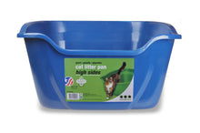 Blue high-sided cat litter box with product label on front