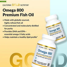 Omega 800 premium fish oil bottle on promotional graphic with gold label