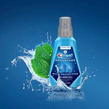 Crest Advantage multi-protection mouthwash bottle with mint leaf and water splash