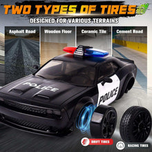 Black police RC drift car with blue glow wheels, showing front and side tires