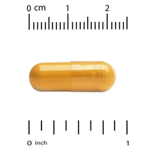 Gold gelatin curcumin capsule with size measurement scale, shown lengthwise