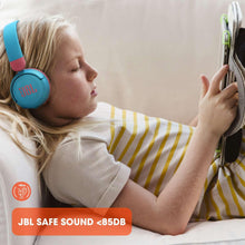 Kids wearing red and blue JBL on-ear headphones with padded earcups and mic-style icons