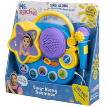 Ms. Rachel sing-along boombox with purple speaker, colorful buttons, and microphone.