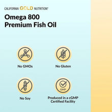 Omega 800 premium fish oil badges: No GMOs, No Gluten, No Soy, GMP