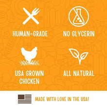 Product benefit icons: human-grade, no glycerin, USA grown chicken, all natural