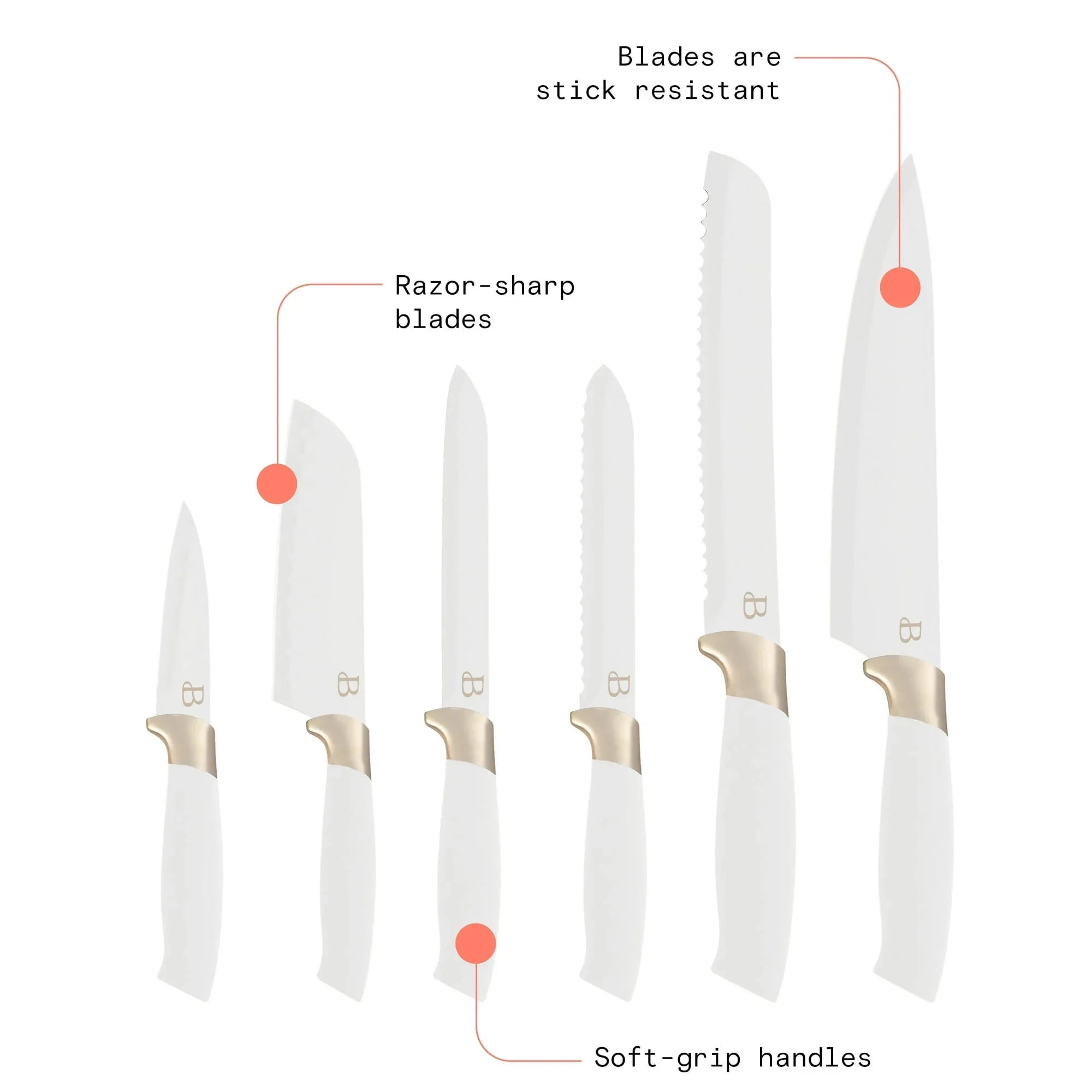 Beautiful 6 Piece Stainless Steel Knife Set White Icing with Gold Accent By Drew Barrymore