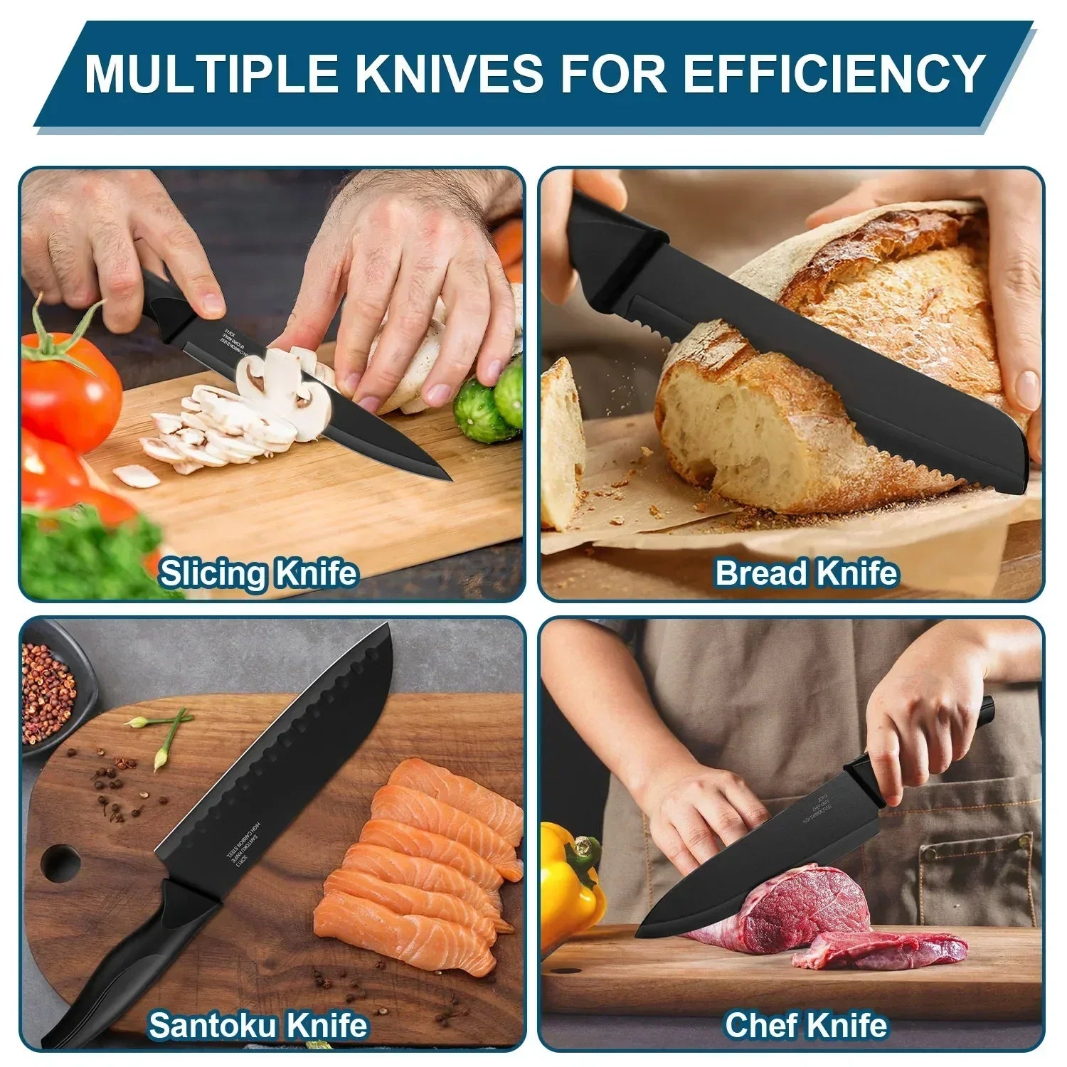 Walchoice 15 Pieces Knife Set with Block, High Carbon Stainless Steel Kitchen Knife Set with Sharpener, Rust Resistant & Dishwasher Safe - USA MEGA SHOP