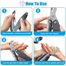 Dog nail clipper and nail file for trimming at right angle, shown in hand