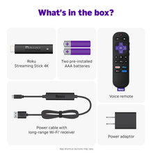 Streaming Stick 4K box contents: streaming device, voice remote, batteries, power cable, adaptor