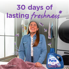 Purex liquid detergent bottle with lavender fields label on a countertop near a washer.