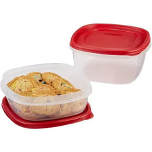 Clear plastic food container with red lid and separate round base
