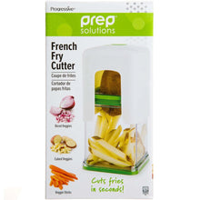 French fry cutter retail box in white and green with window showing the chopper