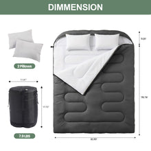 Double sleeping bag with two pillows and a rolled storage bag