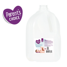 Distilled water bottle with Parents' Choice heart logo and front label